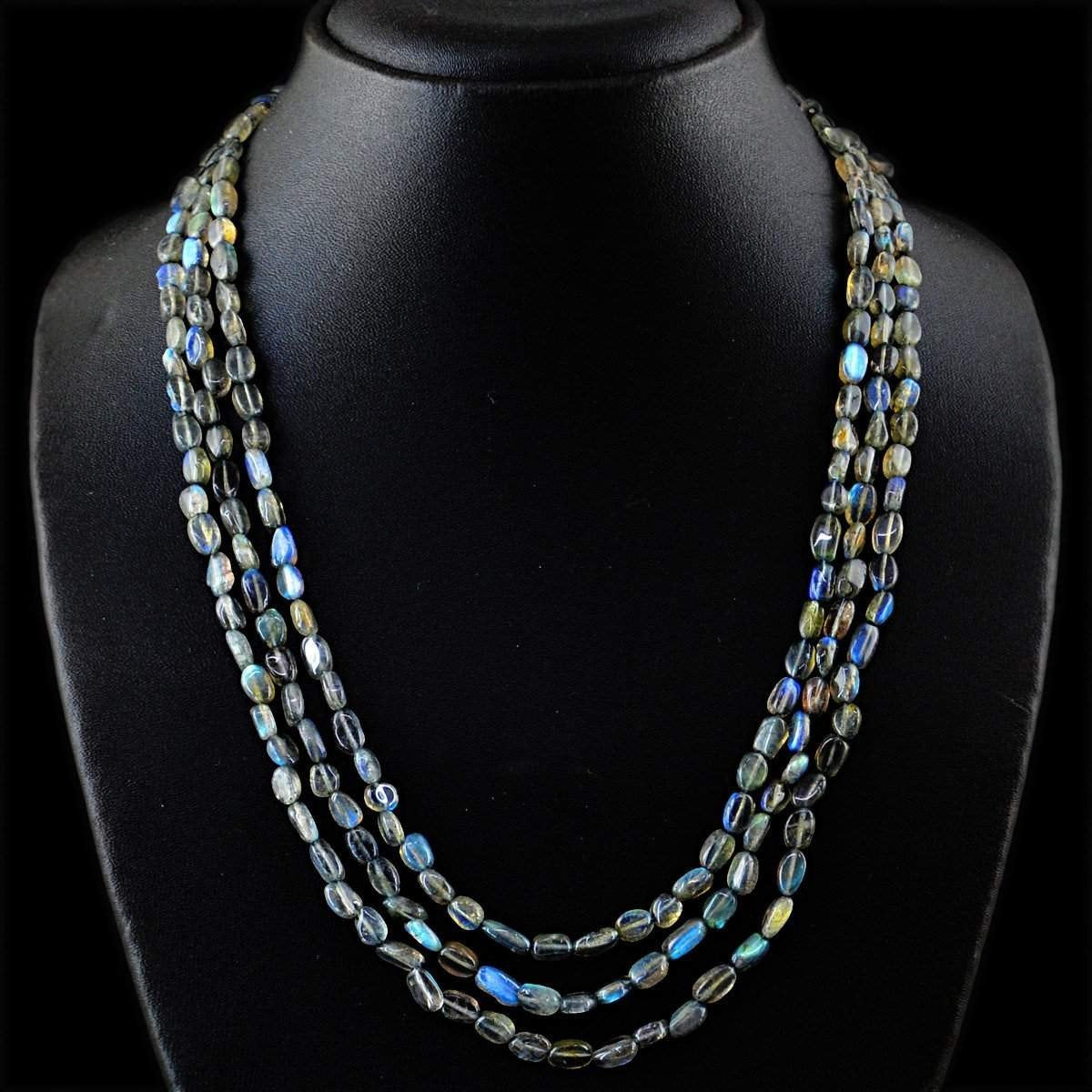 gemsmore:Untreated Natural Blue Flash Labradorite Necklace 3 Strand Oval Shape Beads