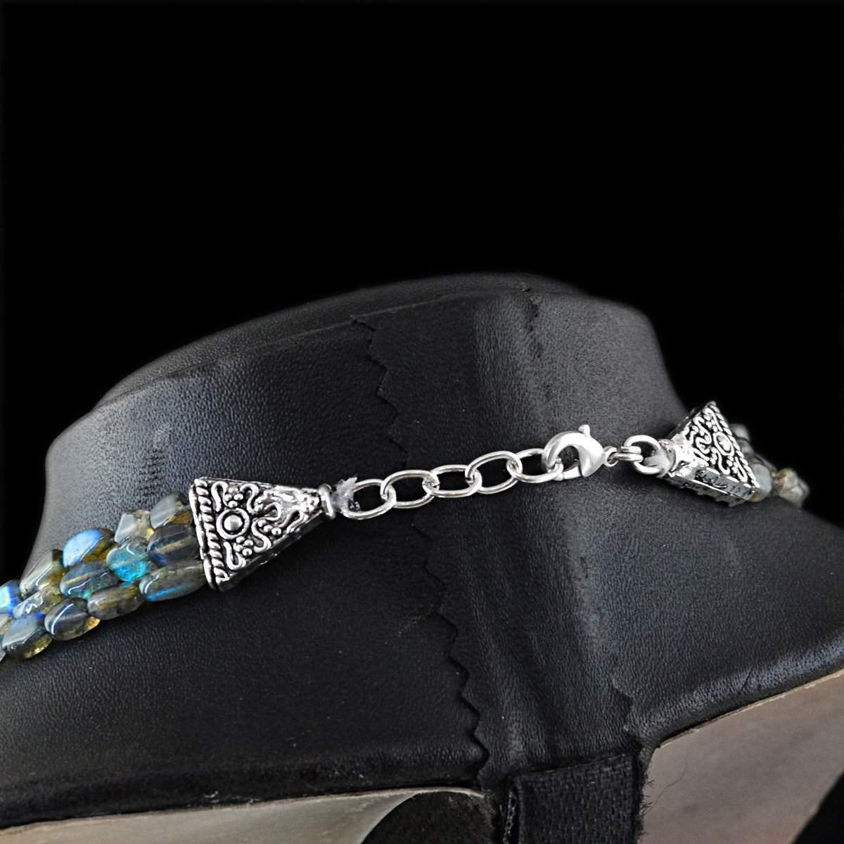 gemsmore:Untreated Natural Blue Flash Labradorite Necklace 3 Strand Oval Shape Beads