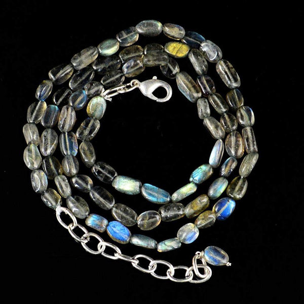 gemsmore:Untreated Natural Blue Flash Labradorite Necklace Oval Shape Beads