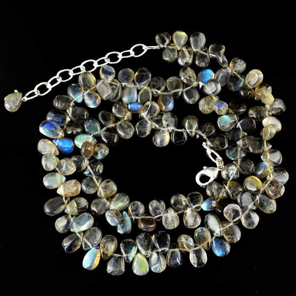 gemsmore:Untreated Natural Blue Flash Labradorite Necklace Pear Shape beads
