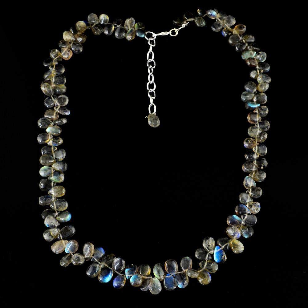 gemsmore:Untreated Natural Blue Flash Labradorite Necklace Pear Shape beads