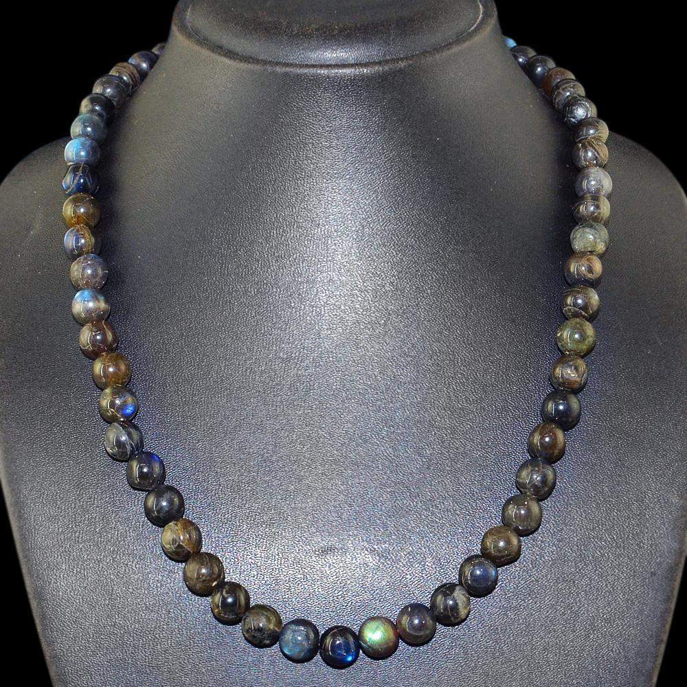 gemsmore:Untreated Natural Blue Flash Labradorite Necklace Round Shape Beads