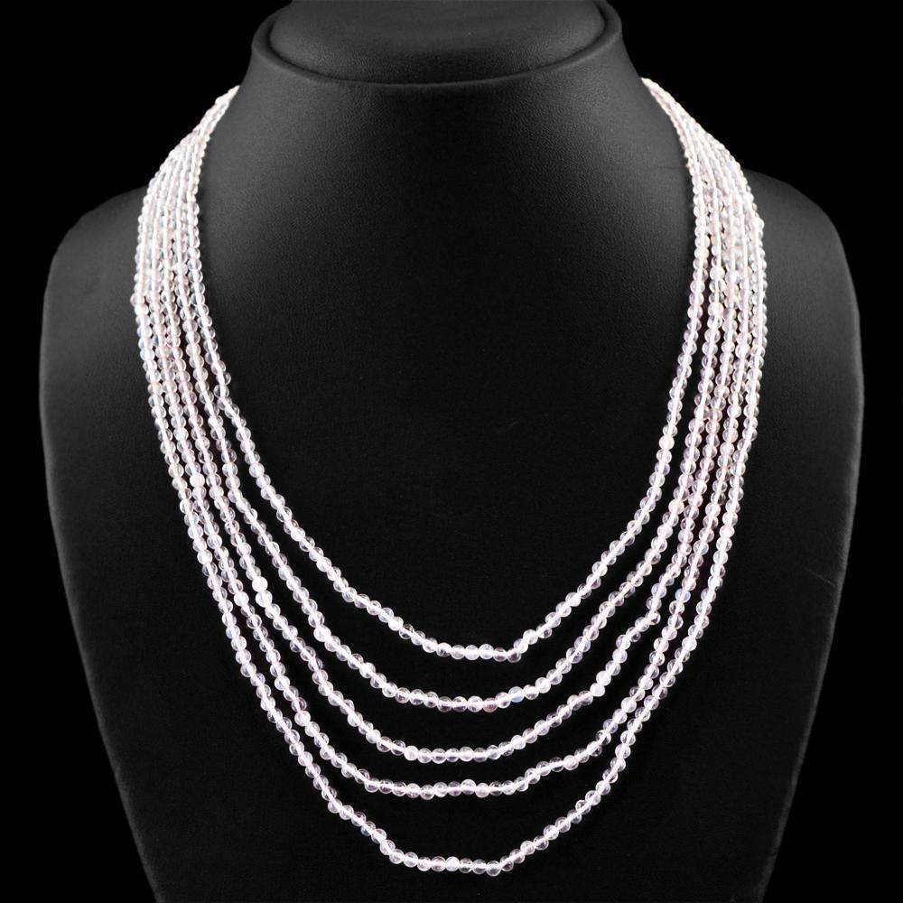 gemsmore:Untreated Natural Pink Rose Quartz Necklace 5 Line Round Shape Beads