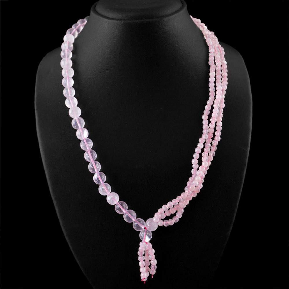 gemsmore:Untreated Natural Pink Rose Quartz Necklace Round Shape Beads