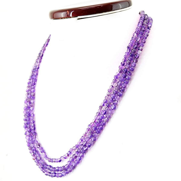 gemsmore:Untreated Natural Purple Amethyst Necklace 3 Strand Round Shape Beads