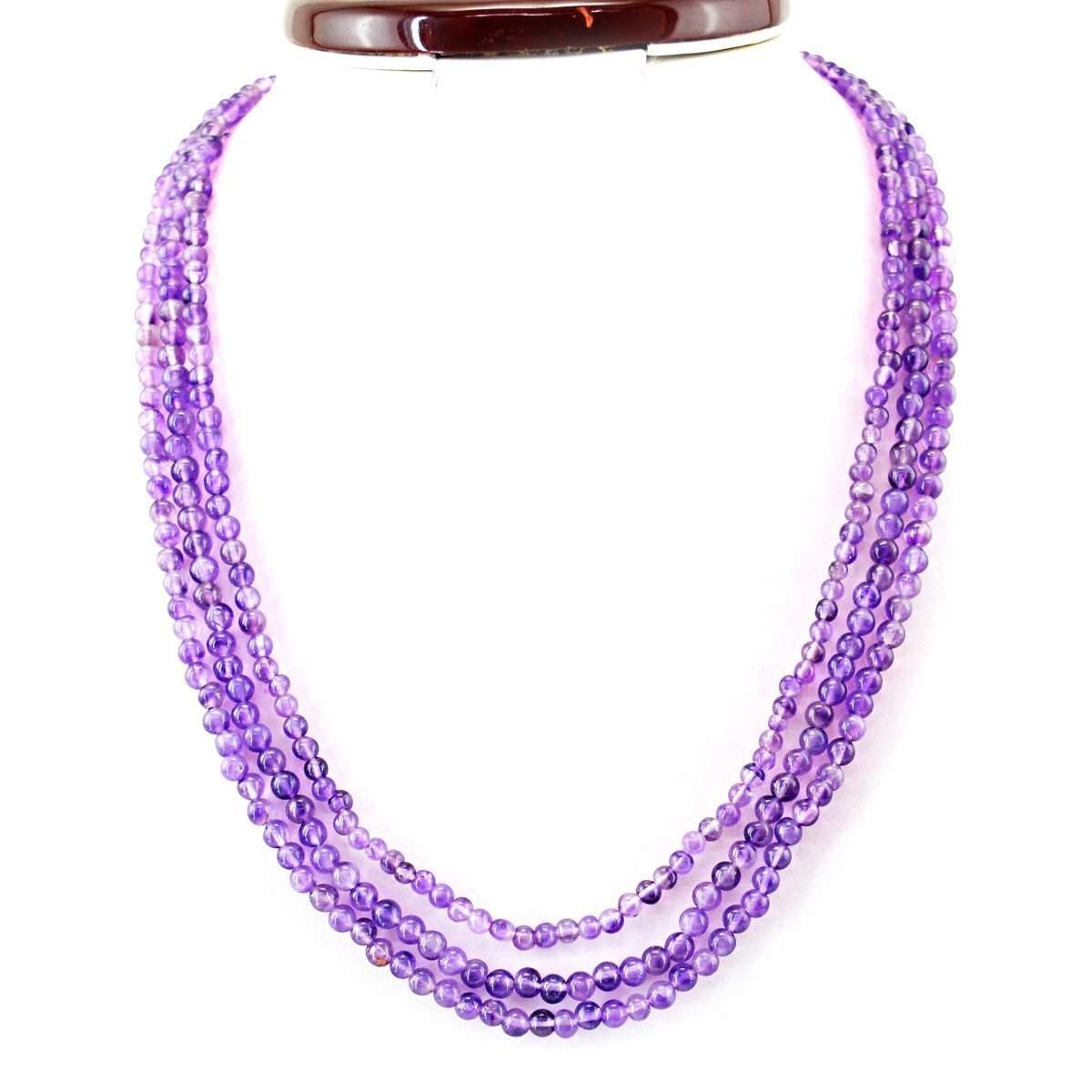 gemsmore:Untreated Natural Purple Amethyst Necklace 3 Strand Round Shape Beads