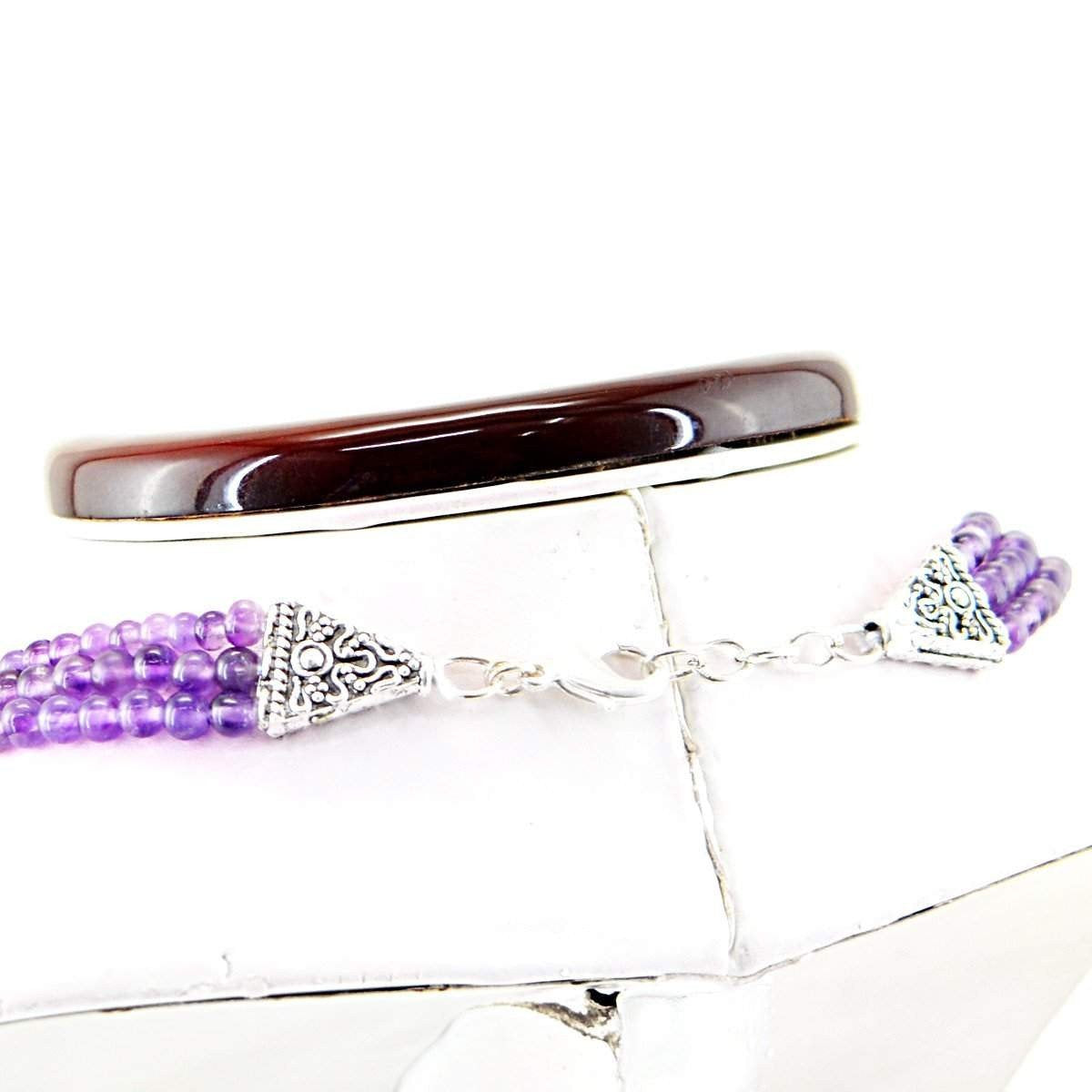 gemsmore:Untreated Natural Purple Amethyst Necklace 3 Strand Round Shape Beads