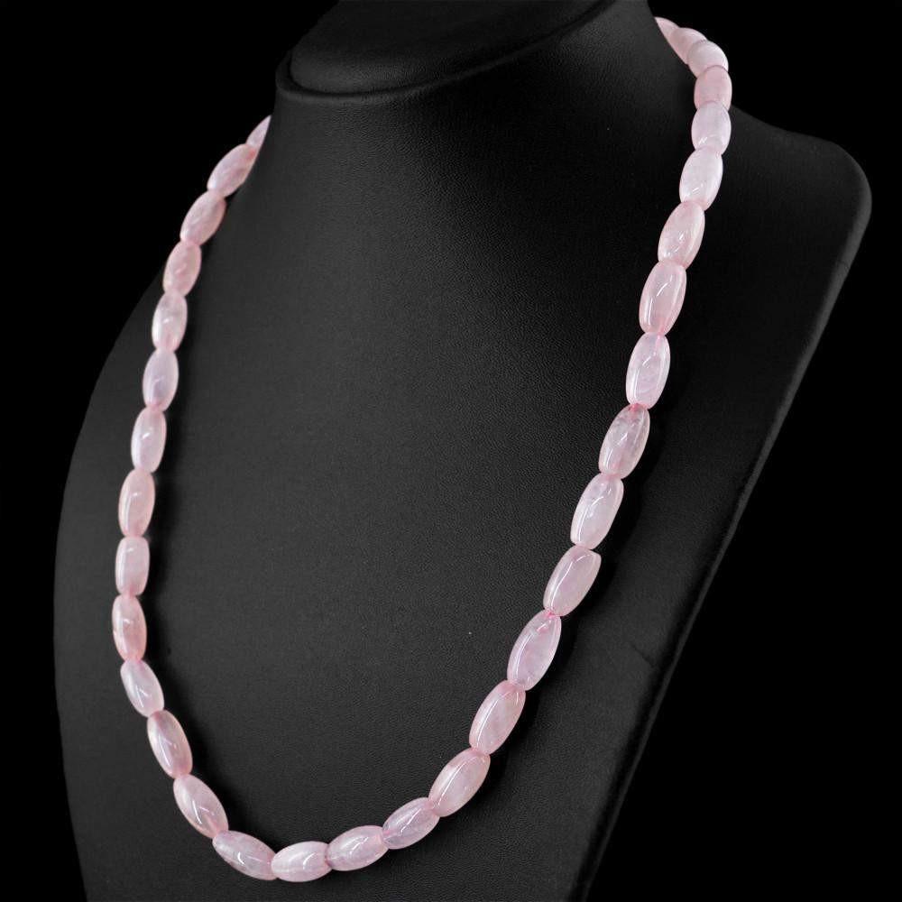 gemsmore:Untreated Pink Rose Quartz Necklace Natural Oval Shape Beads