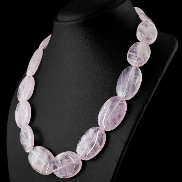 gemsmore:Untreated Pink Rose Quartz Necklace Natural Oval Shape Beads