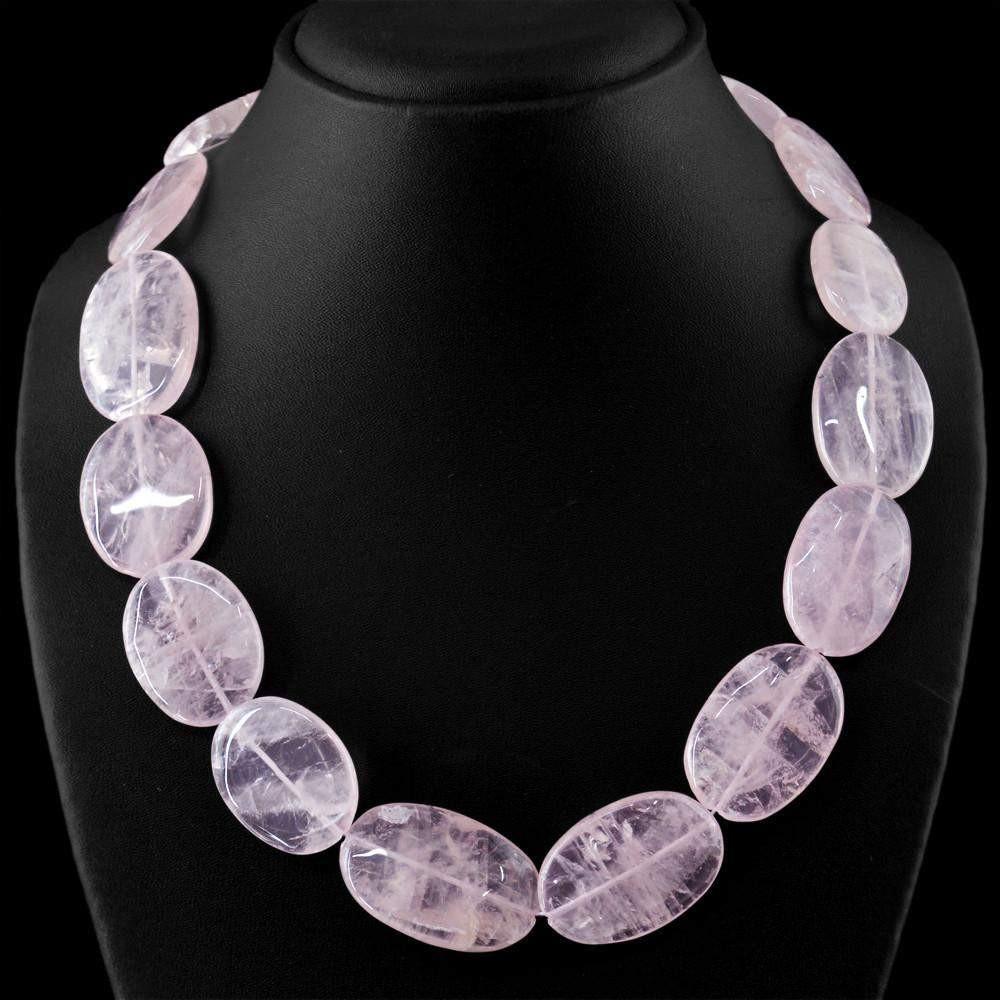 gemsmore:Untreated Pink Rose Quartz Necklace Natural Oval Shape Beads