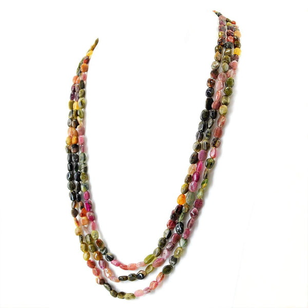 gemsmore:Untreated Watermelon Tourmaline Necklace Natural 3 Strand Oval Shape Beads
