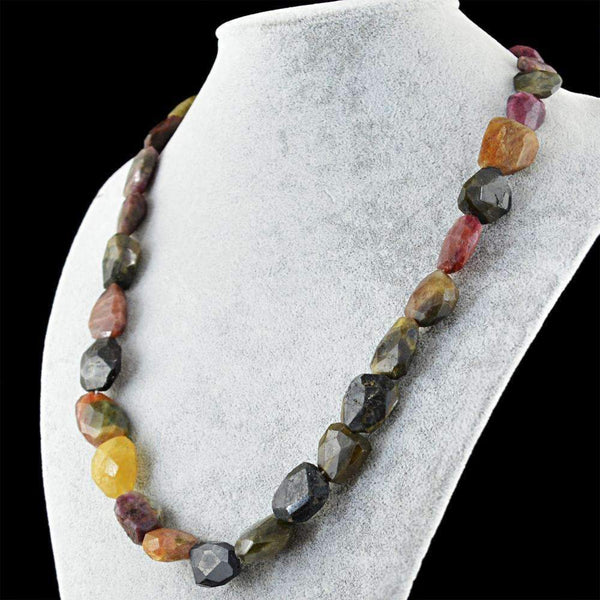 gemsmore:Untreated Watermelon Tourmaline Necklace Natural Faceted Beads