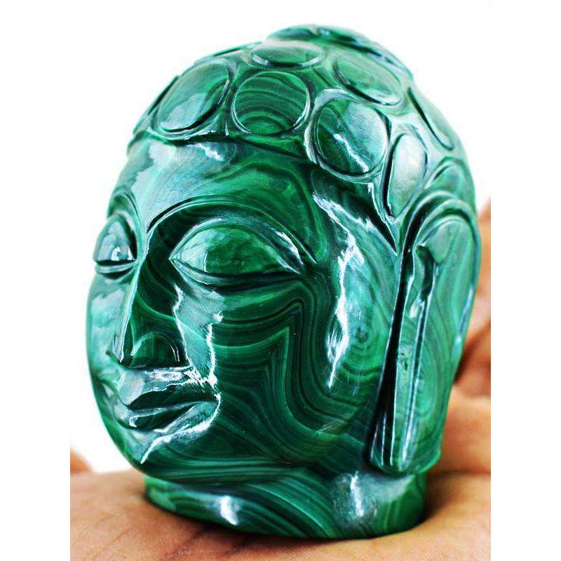 gemsmore:Very Rare Malachite Hand Carved Lord Buddha Head Idol