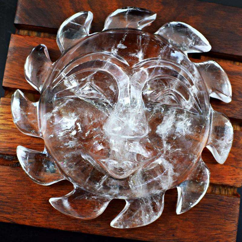 gemsmore:White Quartz Hand Carved Sun Face Gemstone