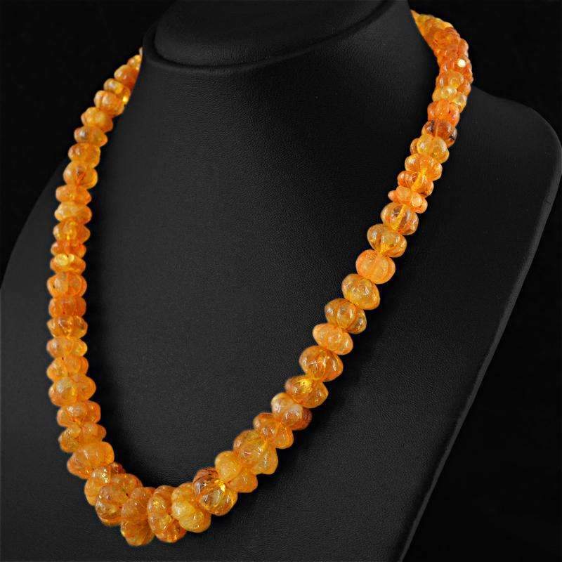 gemsmore:Yellow Citrine Necklace Natural Untreated Flower Carved Beads - Amazing